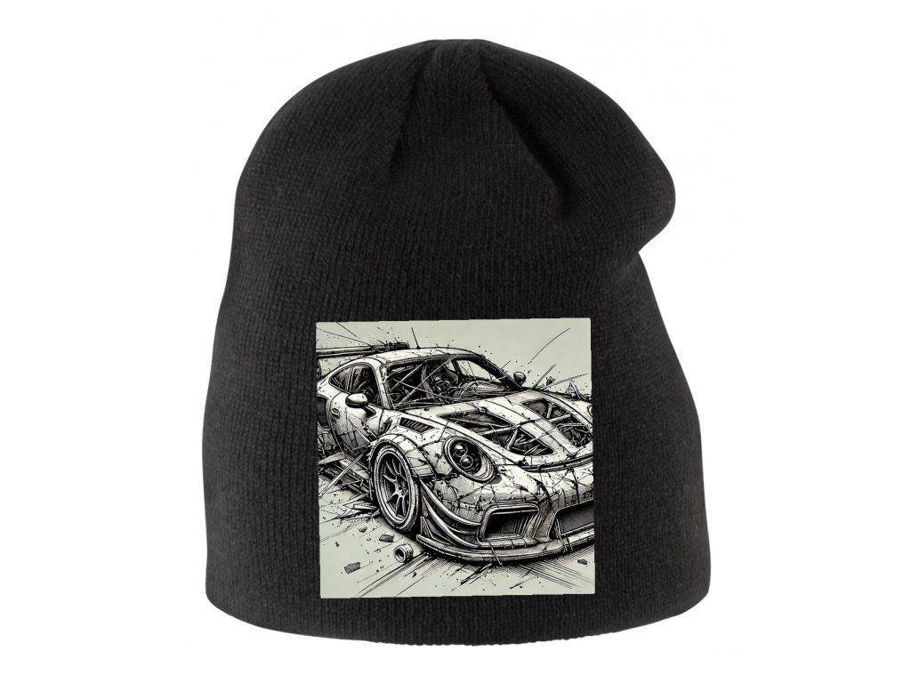 Detská zimná čiapka Skica rozbitého pretekárskeho Porsche